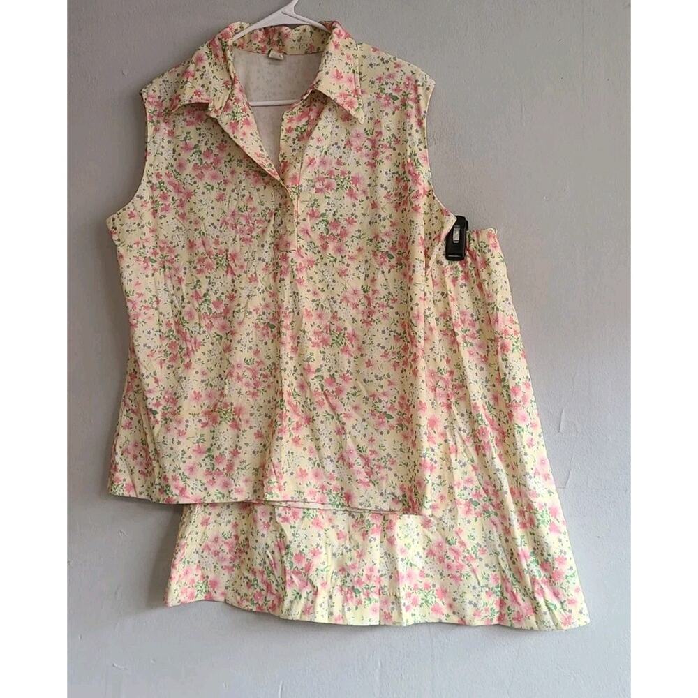 Vintage 1970s women's 20 XL yellow/pink floral tank top & skirt/skorts 2pc SET